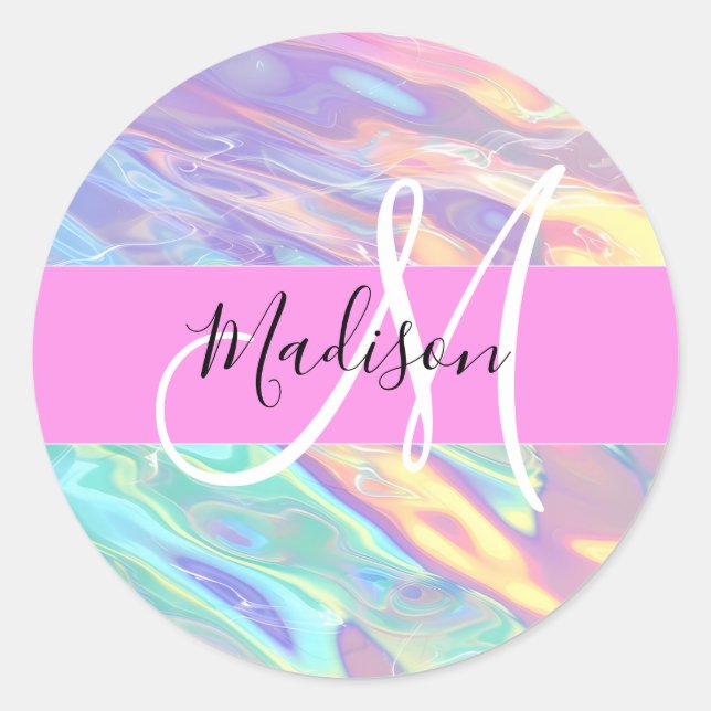 Girly Pink Holographic Iridescent Monogram Name Classic Round Sticker (Front)