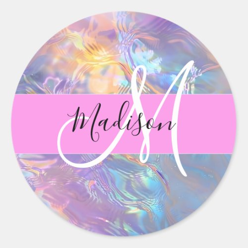 Girly Pink Holographic Iridescent Monogram Name Classic Round Sticker