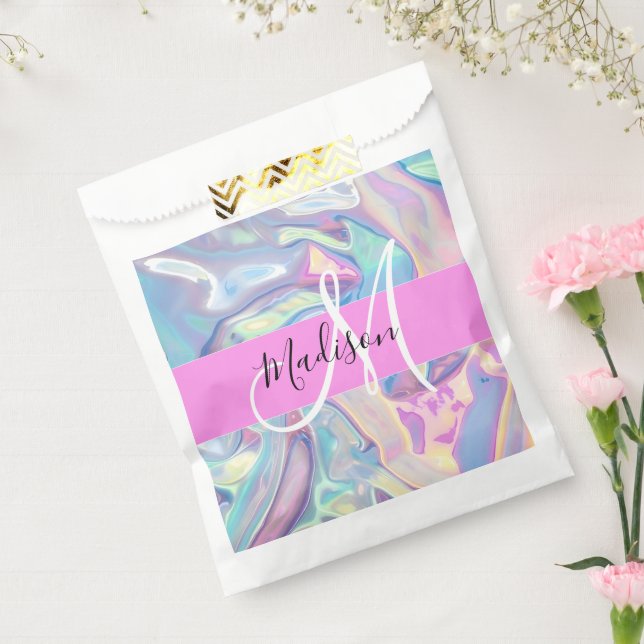 Girly Pink Holographic Iridescent Monogram Name Favor Bag (Sealed)
