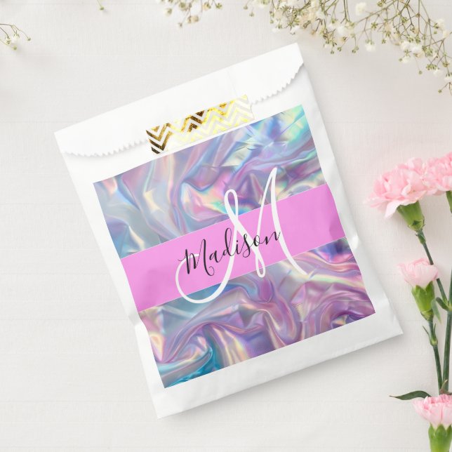 Girly Pink Holographic Iridescent Monogram Name Favor Bag (Sealed)