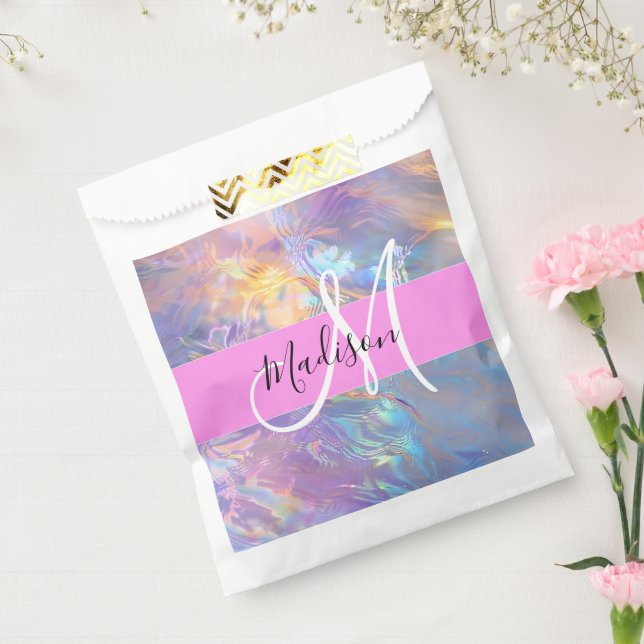 Girly Pink Holographic Iridescent Monogram Name Favor Bag (Sealed)