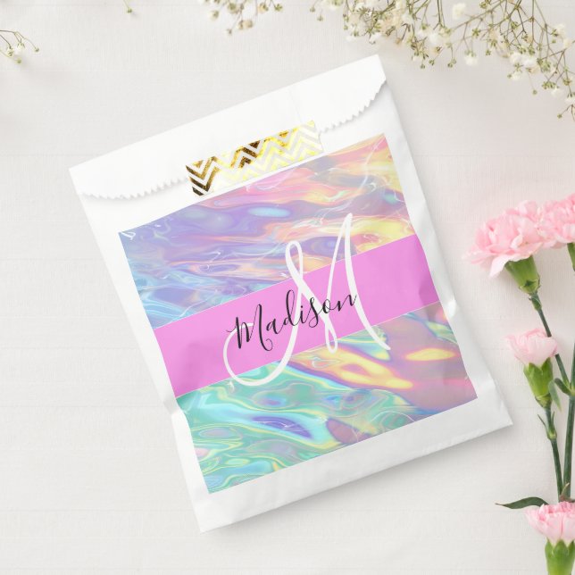 Girly Pink Holographic Iridescent Monogram Name Favor Bag (Sealed)