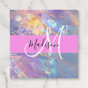 Girly Pink Holographic Iridescent Monogram Name Favor Tags