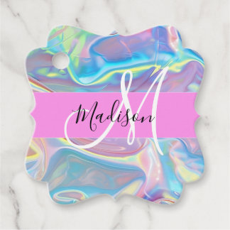 Girly Pink Holographic Iridescent Monogram Name Favor Tags