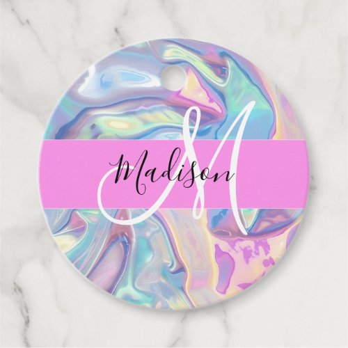 Girly Pink Holographic Iridescent Monogram Name Favor Tags