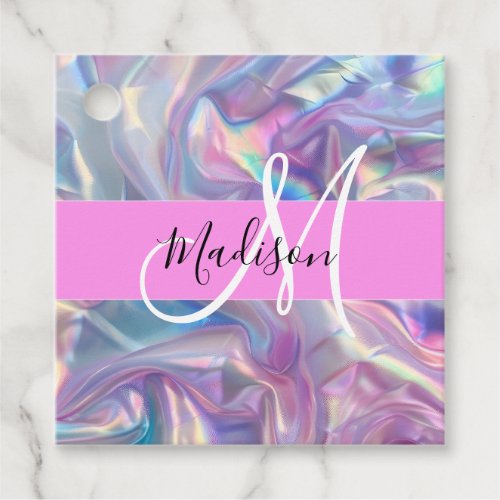 Girly Pink Holographic Iridescent Monogram Name Favor Tags