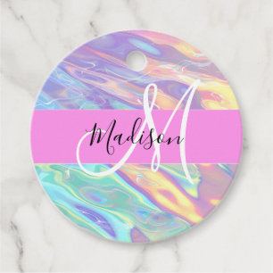 Girly Pink Holographic Iridescent Monogram Name Favor Tags
