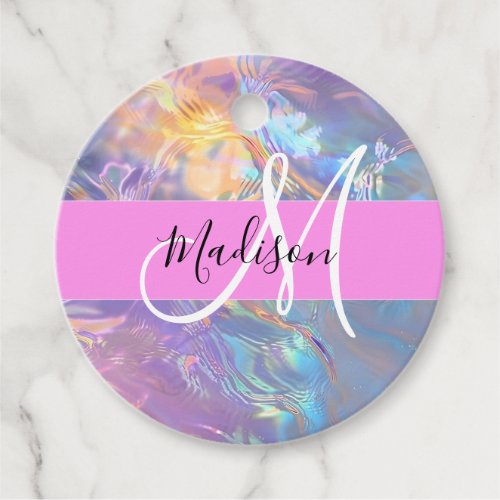 Girly Pink Holographic Iridescent Monogram Name Favor Tags