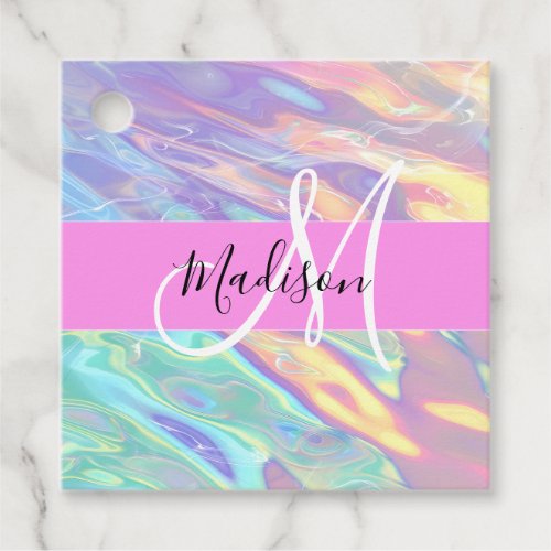 Girly Pink Holographic Iridescent Monogram Name Favor Tags