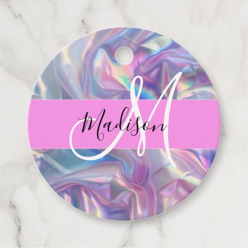 Girly Pink Holographic Iridescent Monogram Name Favor Tags