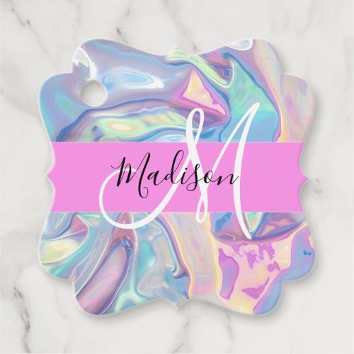Girly Pink Holographic Iridescent Monogram Name Favor Tags