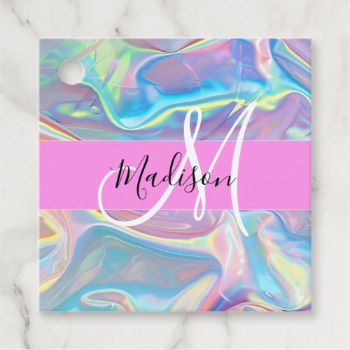 Girly Pink Holographic Iridescent Monogram Name Favor Tags