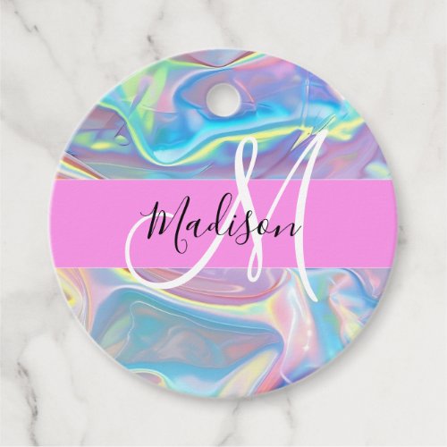 Girly Pink Holographic Iridescent Monogram Name Favor Tags