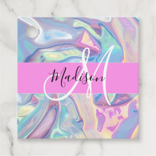 Girly Pink Holographic Iridescent Monogram Name Favor Tags