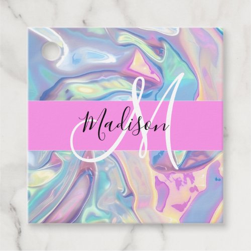 Girly Pink Holographic Iridescent Monogram Name Favor Tags