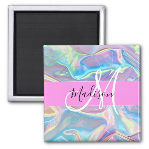 Girly Pink Holographic Iridescent Monogram Name Magnet