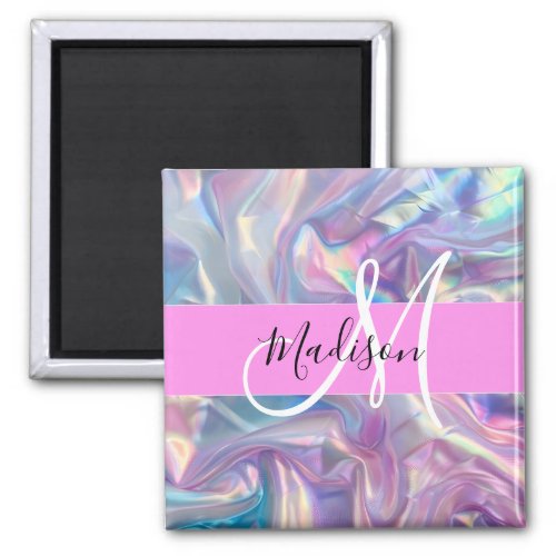 Girly Pink Holographic Iridescent Monogram Name Magnet