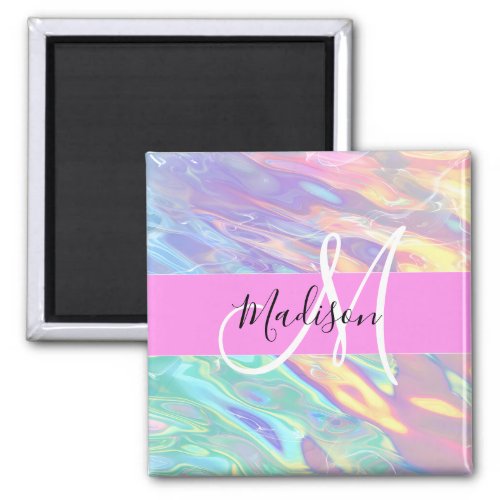 Girly Pink Holographic Iridescent Monogram Name Magnet