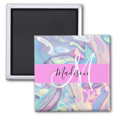 Girly Pink Holographic Iridescent Monogram Name Magnet