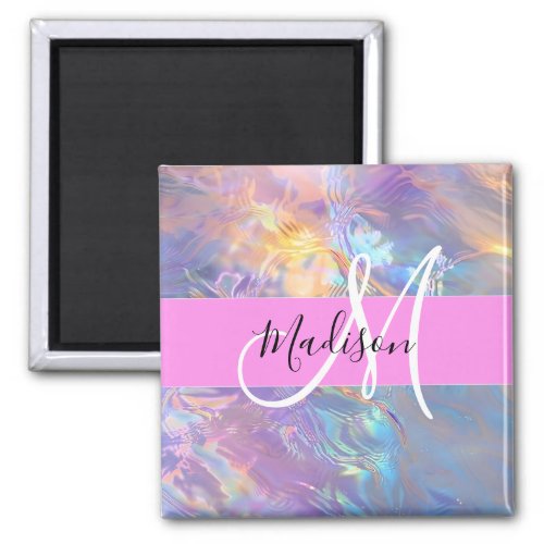 Girly Pink Holographic Iridescent Monogram Name Magnet