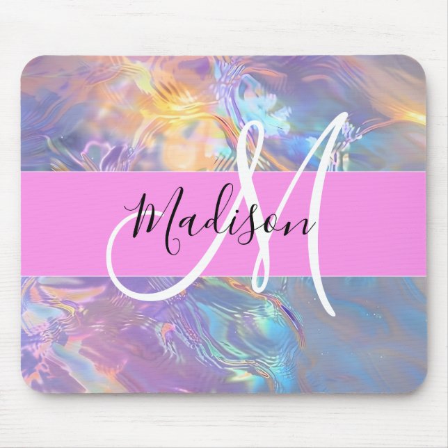 Girly Pink Holographic Iridescent Monogram Name Mouse Pad (Front)