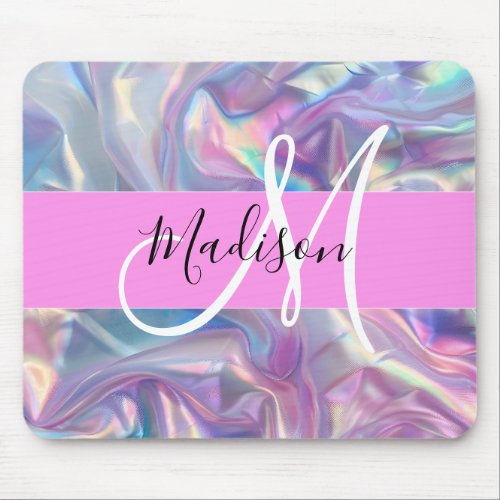 Girly Pink Holographic Iridescent Monogram Name Mouse Pad