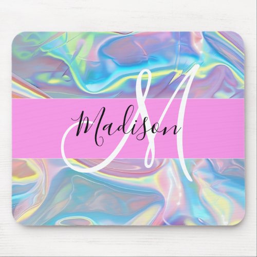 Girly Pink Holographic Iridescent Monogram Name Mouse Pad