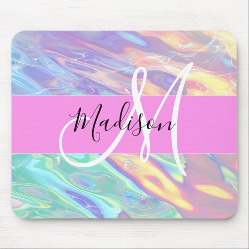 Girly Pink Holographic Iridescent Monogram Name Mouse Pad