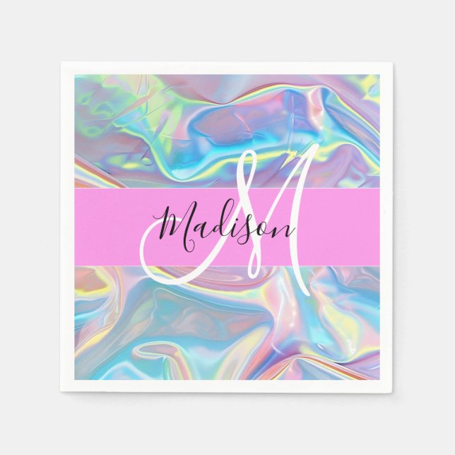 Girly Pink Holographic Iridescent Monogram Name Napkins (Front)