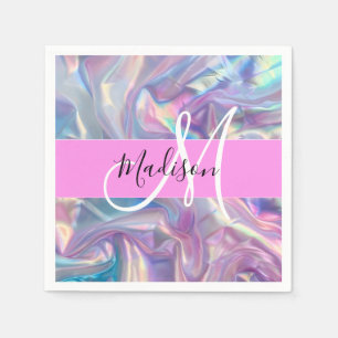 Girly Pink Holographic Iridescent Monogram Name Napkins