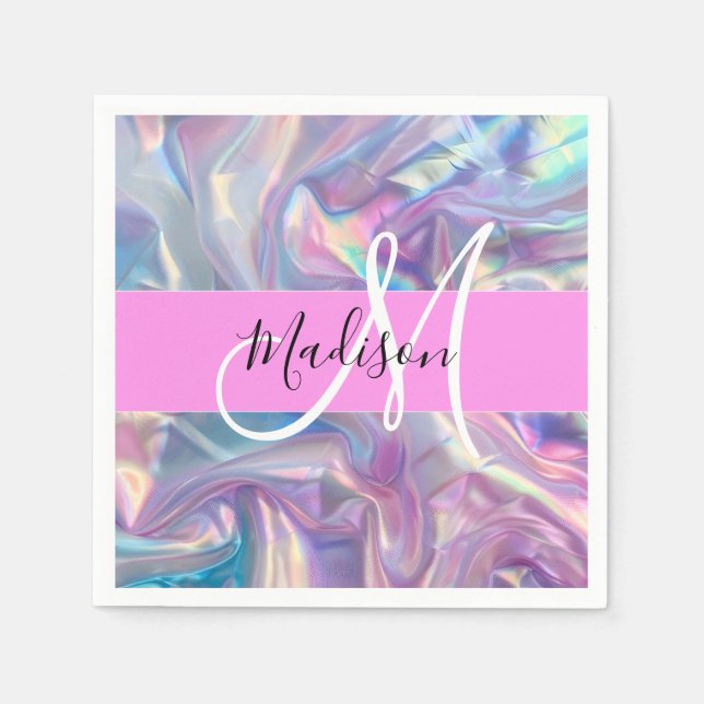 Girly Pink Holographic Iridescent Monogram Name Napkins (Front)