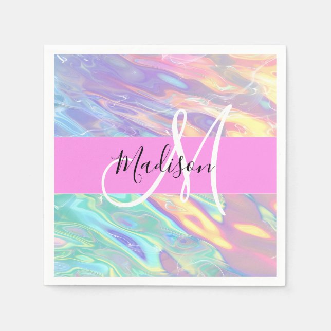 Girly Pink Holographic Iridescent Monogram Name Napkins (Front)