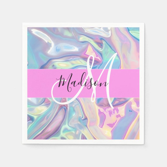 Girly Pink Holographic Iridescent Monogram Name Napkins (Front)