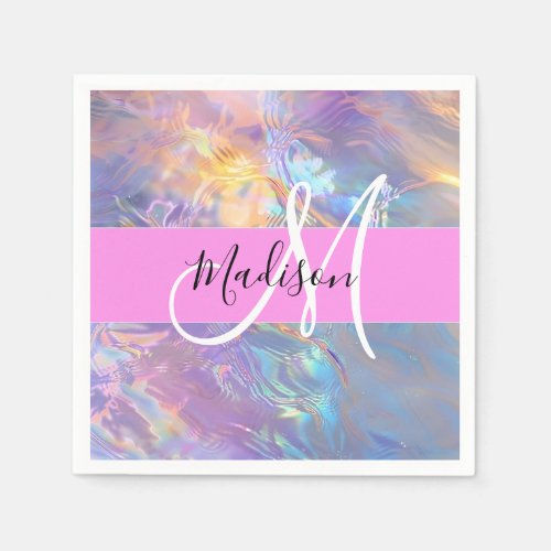 Girly Pink Holographic Iridescent Monogram Name Napkins