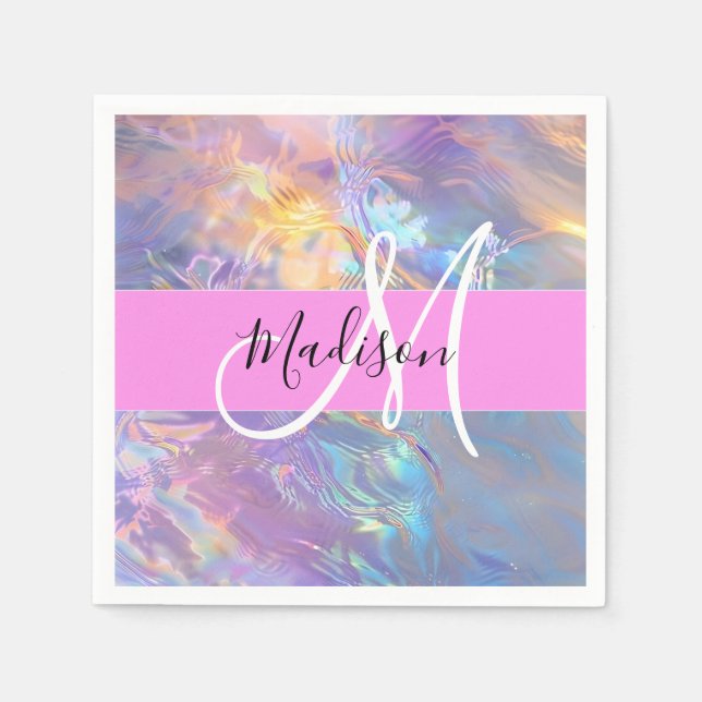 Girly Pink Holographic Iridescent Monogram Name Napkins (Front)