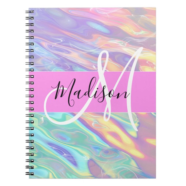 Girly Pink Holographic Iridescent Monogram Name Notebook (Front)