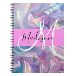 Girly Pink Holographic Iridescent Monogram Name Notebook