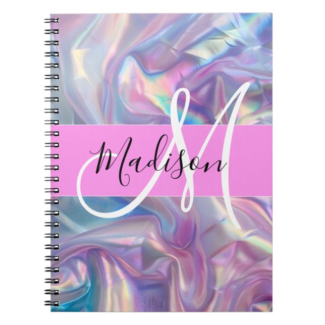 Girly Pink Holographic Iridescent Monogram Name Notebook (Front)