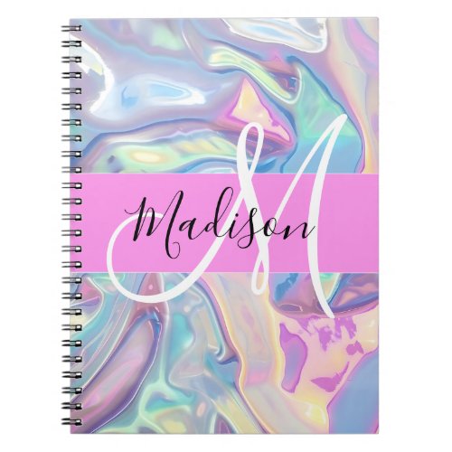 Girly Pink Holographic Iridescent Monogram Name Notebook