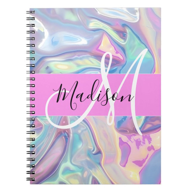 Girly Pink Holographic Iridescent Monogram Name Notebook (Front)