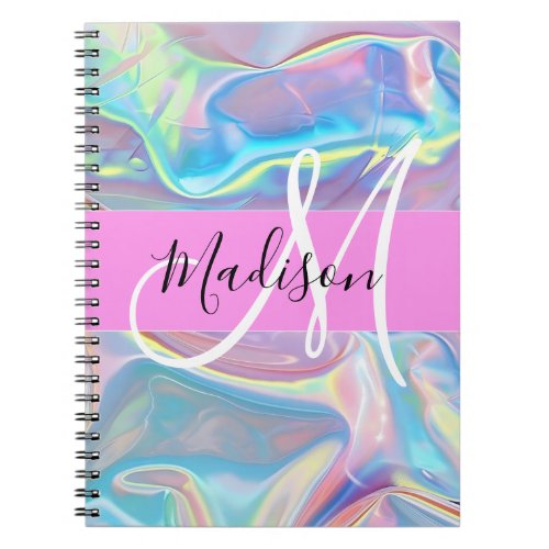 Girly Pink Holographic Iridescent Monogram Name Notebook