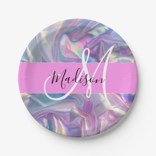 Girly Pink Holographic Iridescent Monogram Name Paper Plates