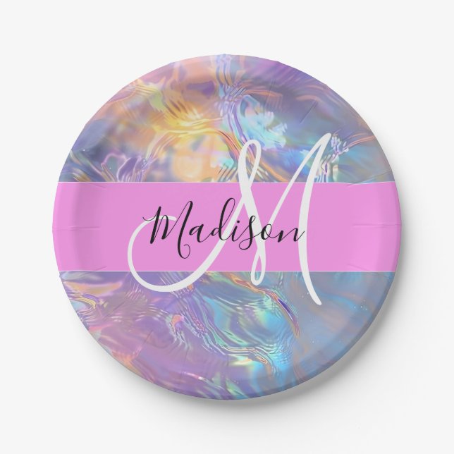 Girly Pink Holographic Iridescent Monogram Name Paper Plates (Front)
