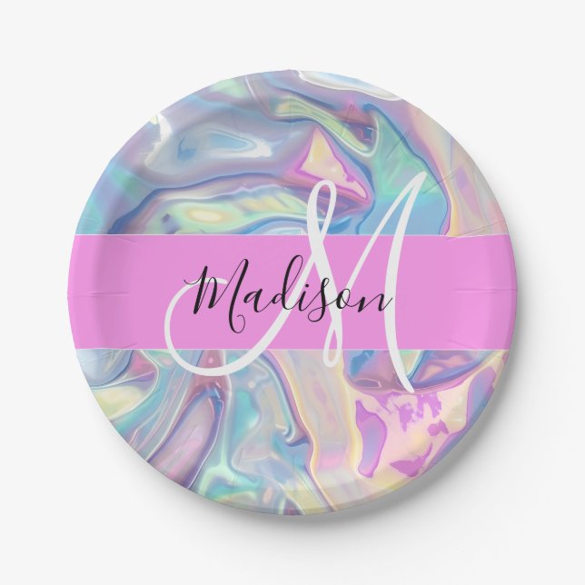Girly Pink Holographic Iridescent Monogram Name Paper Plates (Front)