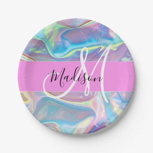 Girly Pink Holographic Iridescent Monogram Name Paper Plates