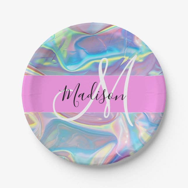 Girly Pink Holographic Iridescent Monogram Name Paper Plates (Front)