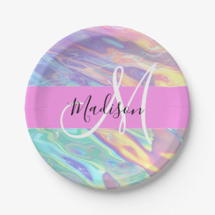 Girly Pink Holographic Iridescent Monogram Name Paper Plates