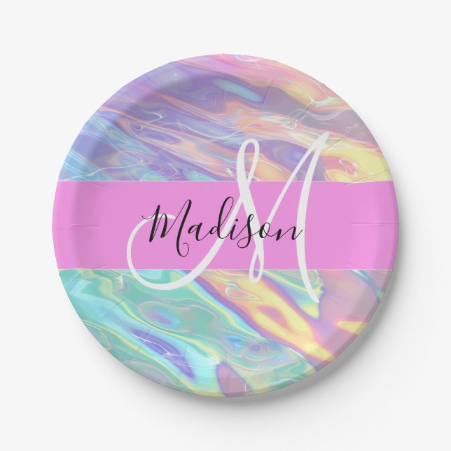 Girly Pink Holographic Iridescent Monogram Name Paper Plates (Front)