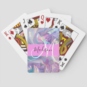 Girly Pink Holographic Iridescent Monogram Name Poker Cards