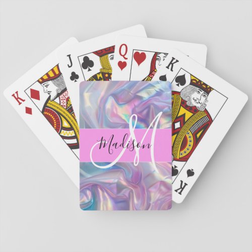 Girly Pink Holographic Iridescent Monogram Name Poker Cards